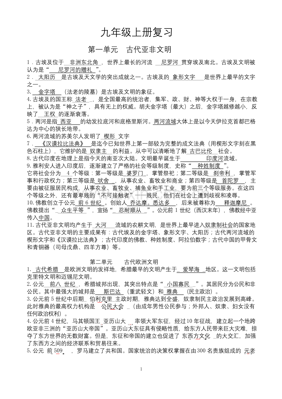 人教部编版九年级历史上册期末复习提纲.docx_第1页
