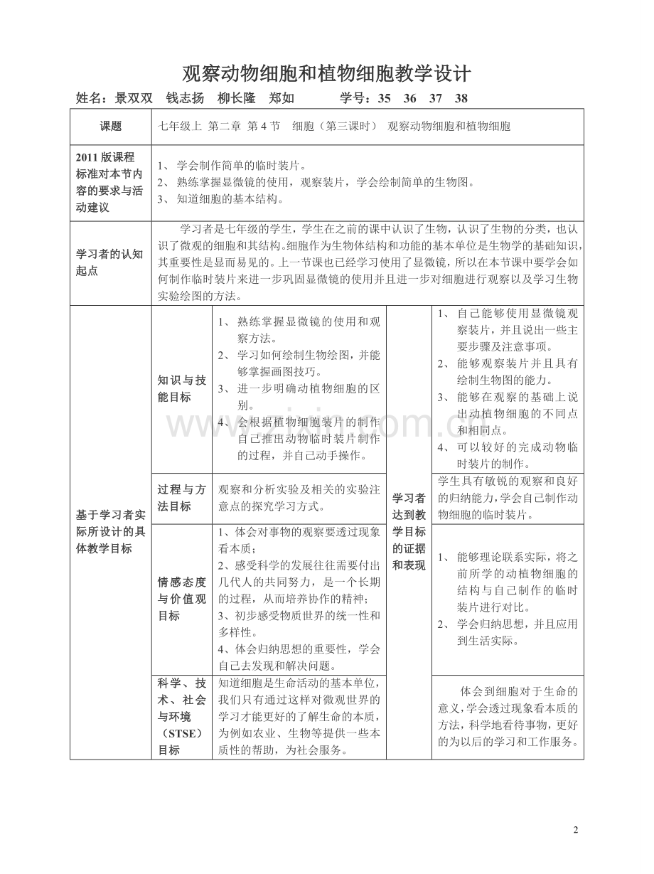观察动物细胞和植物细胞教学设计.doc_第2页