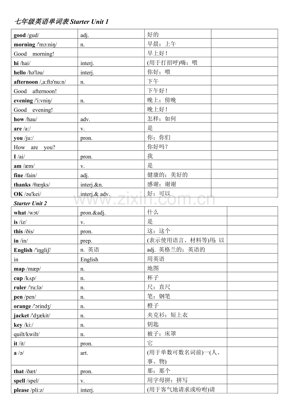 新版人教版七年级上册英语词汇表--打印.doc_第1页