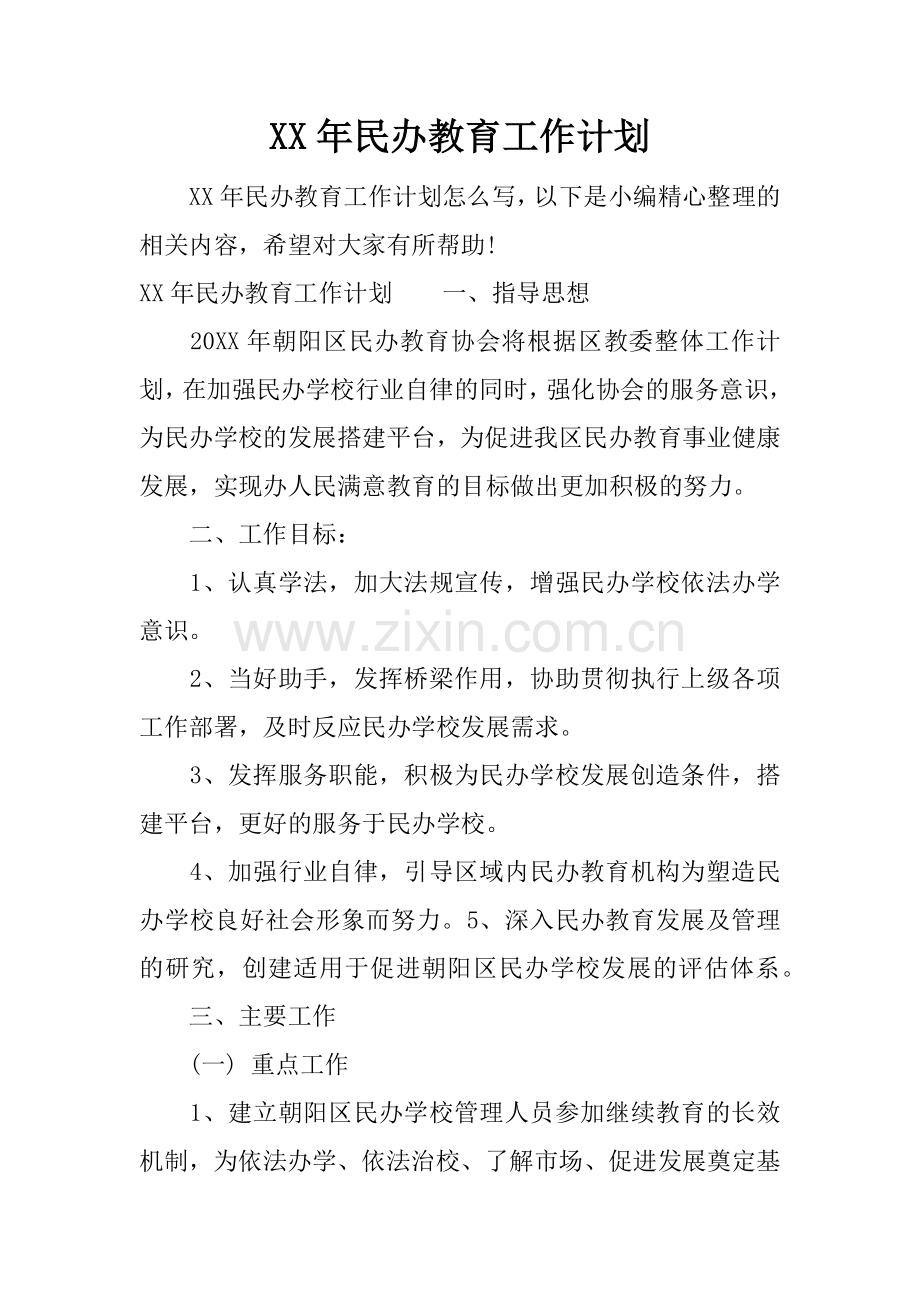 XX年民办教育工作计划.docx_第1页
