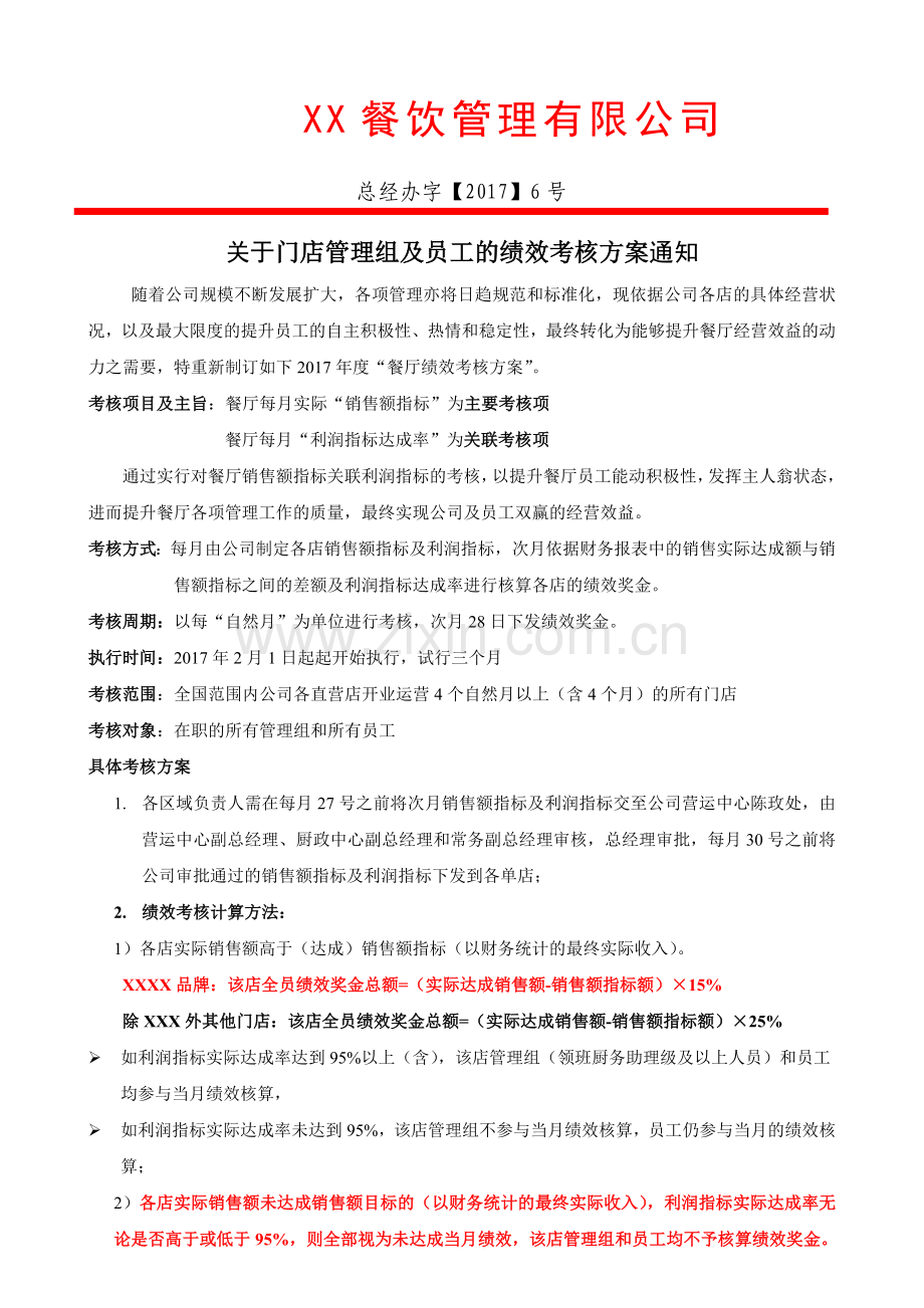 XX餐饮集团公司绩效考核方案.docx_第1页