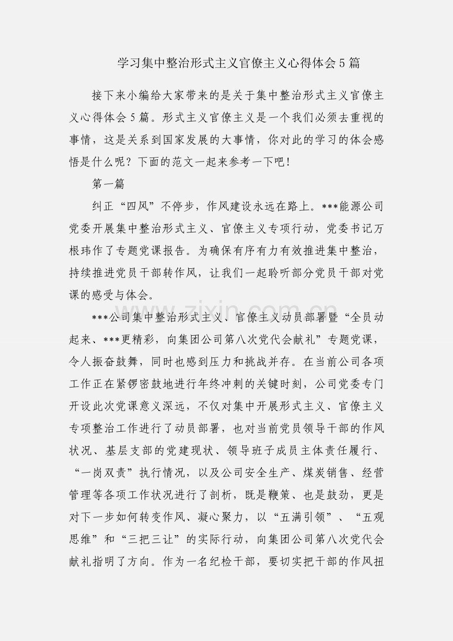 学习集中整治形式主义官僚主义心得体会5篇.docx_第1页