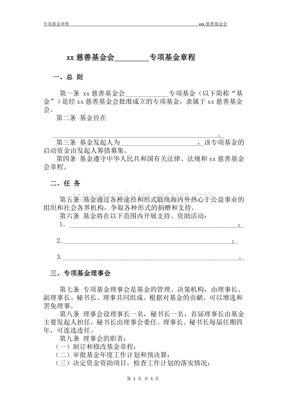 慈善专项基金章程模版.docx_第1页