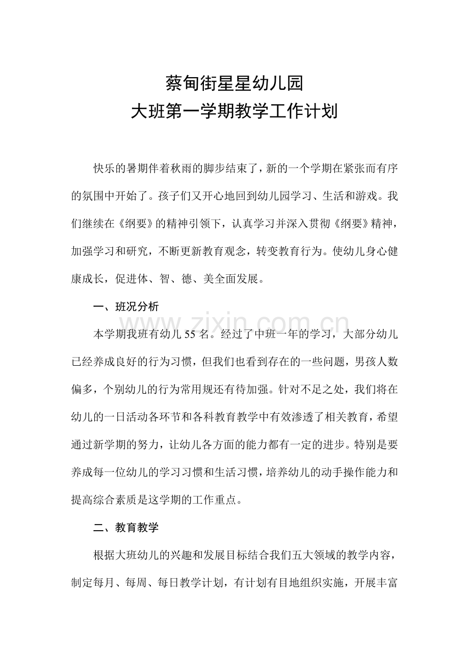 大班第一学期教学计划.doc_第1页