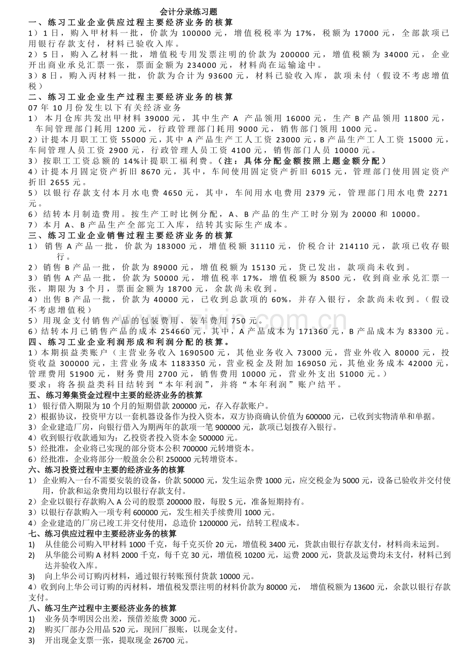 基础会计工业企业经济业务分录练习题.doc_第1页