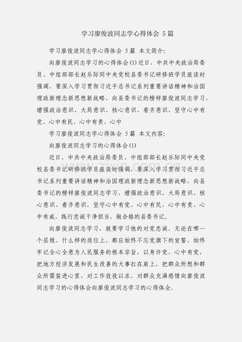 学习廖俊波同志学心得体会 5篇.docx_第1页