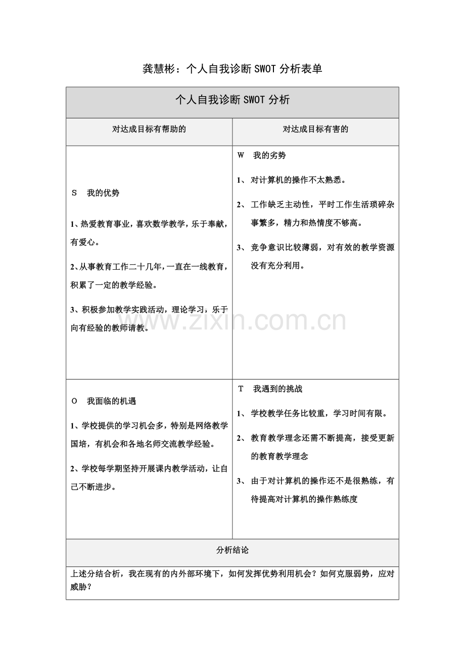 龚慧彬：个人自我诊断SWOT分析表单.docx_第1页