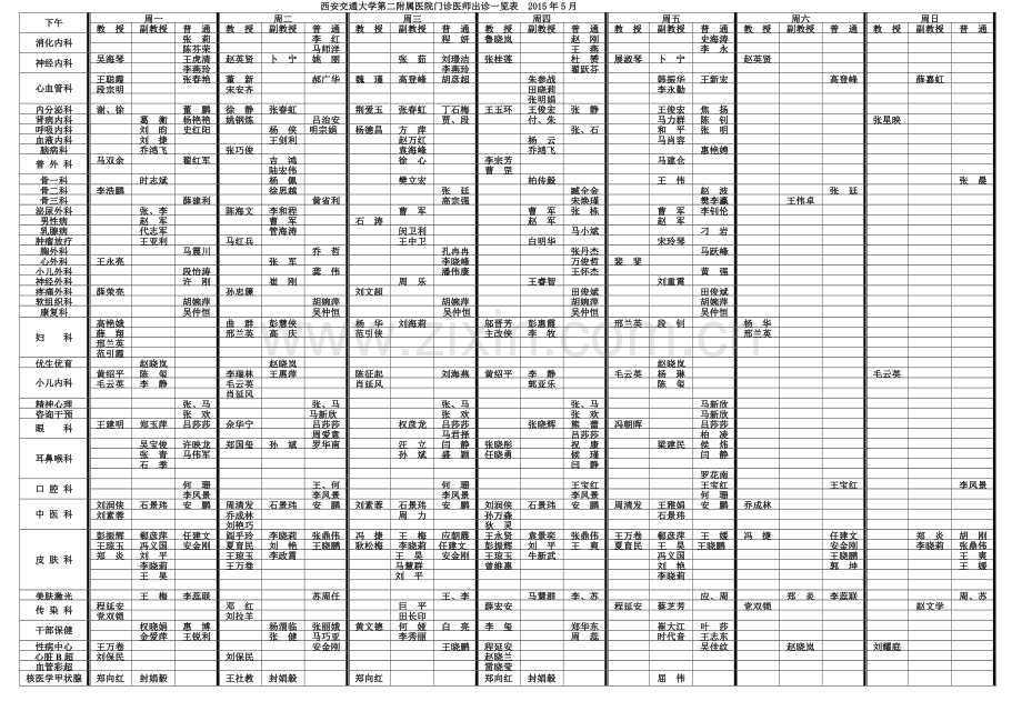 西安交通大学第二附属医院门诊医师出诊一览表-2015年5月.doc_第2页