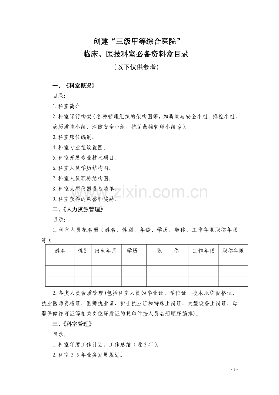 三甲医院评审科室二十四个档案目录(发科室)汇总.doc_第1页