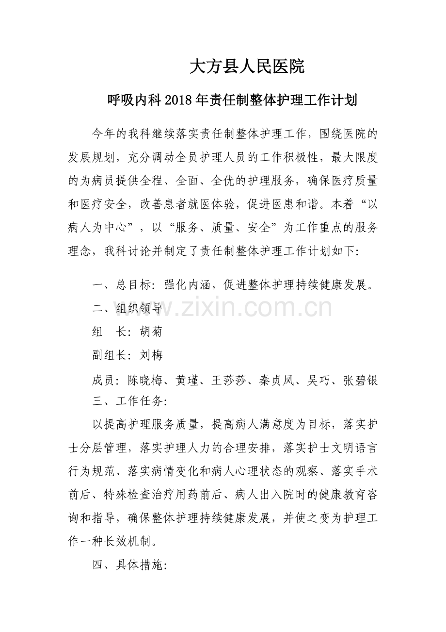 2018年责任制整体护理计划.doc_第1页