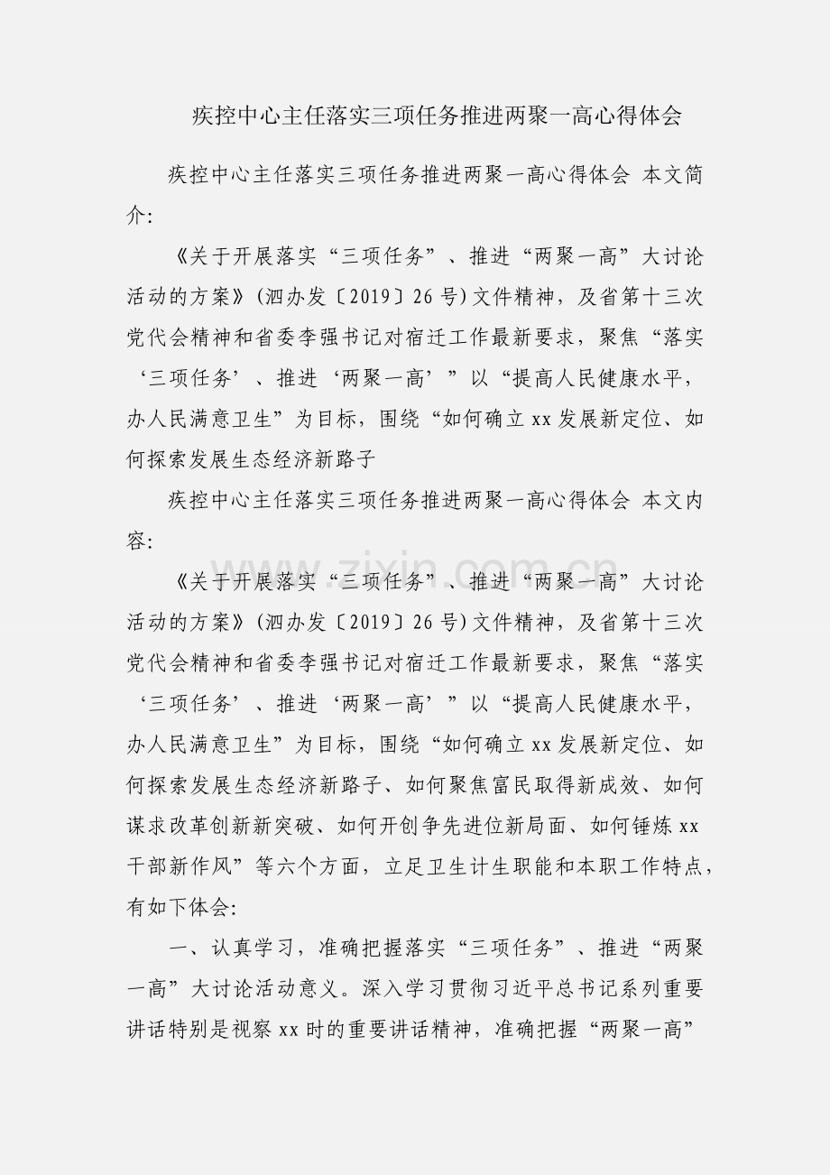疾控中心主任落实三项任务推进两聚一高心得体会.docx_第1页