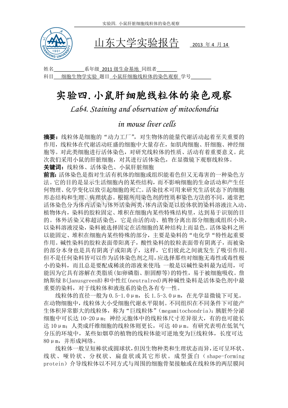 小鼠肝细胞线粒体的染色观察.docx_第1页