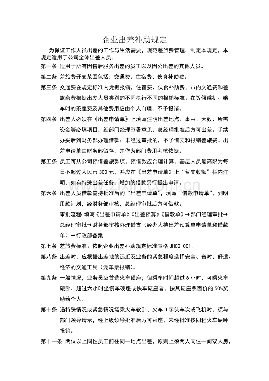 企业出差补助规定.docx_第1页