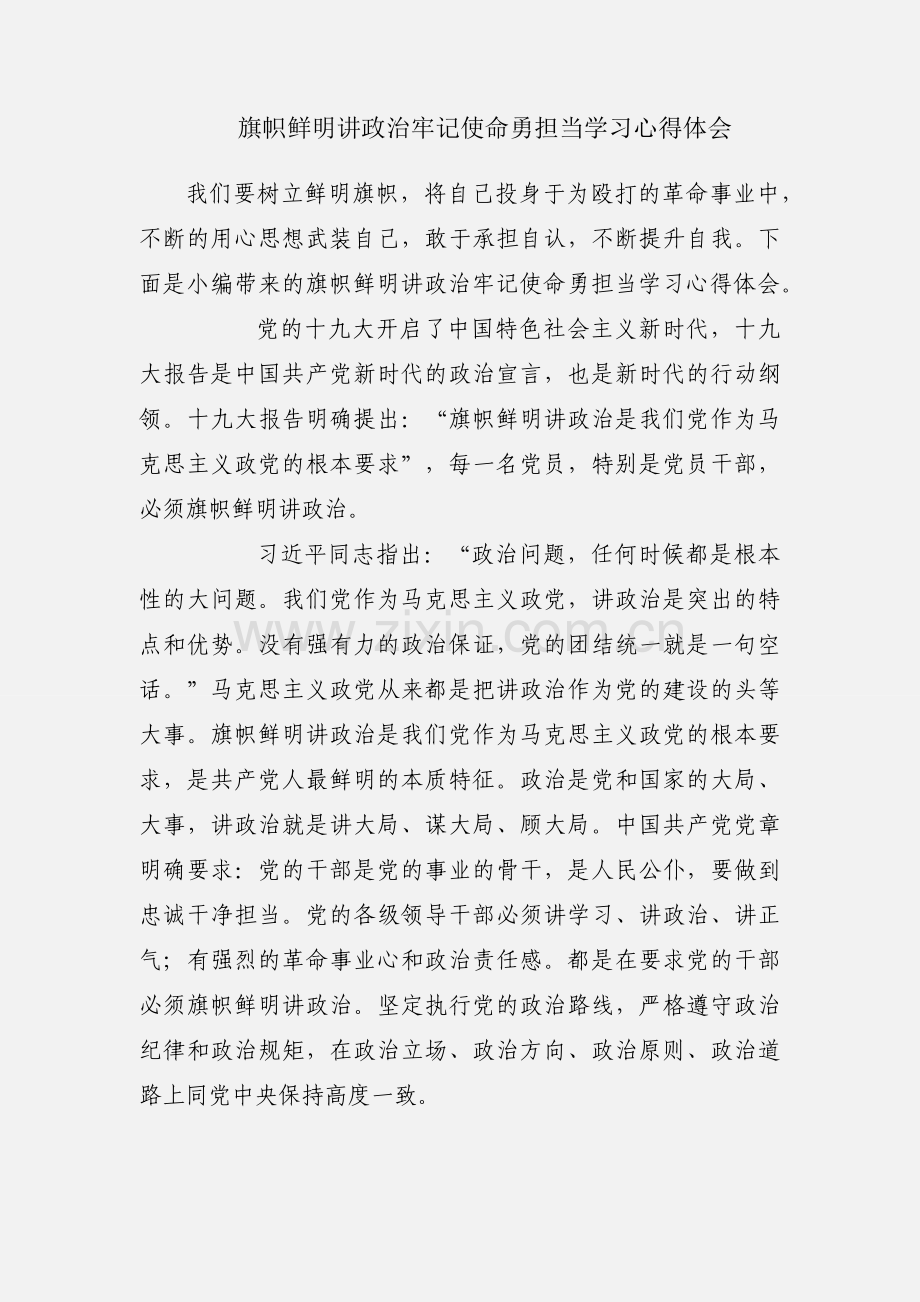 旗帜鲜明讲政治牢记使命勇担当学习心得体会.docx_第1页