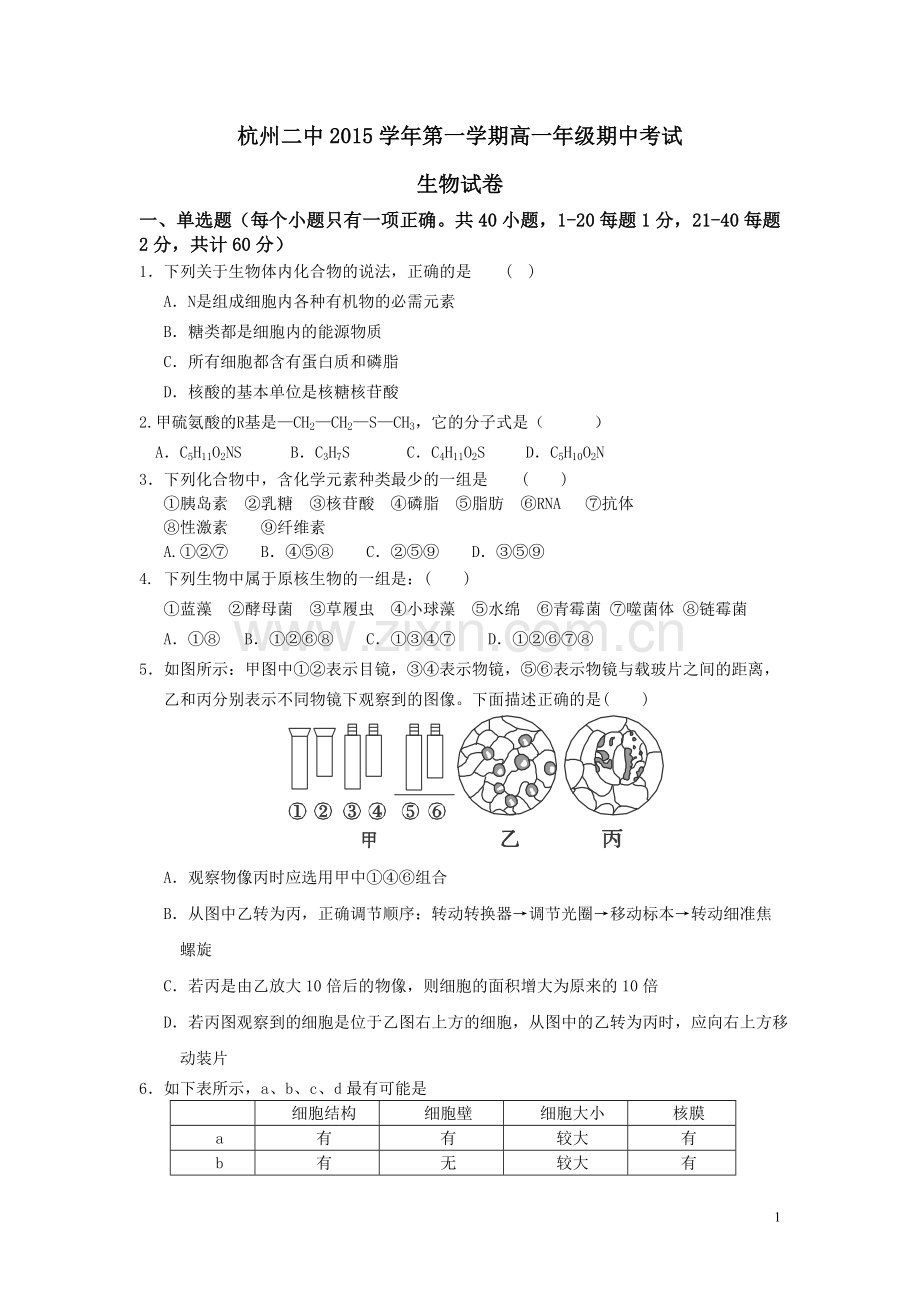 浙江省杭州二中2015-2016学年高一上学期期中考试生物试卷.doc_第1页