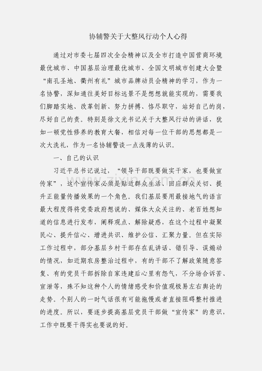协辅警关于大整风行动个人心得.docx_第1页
