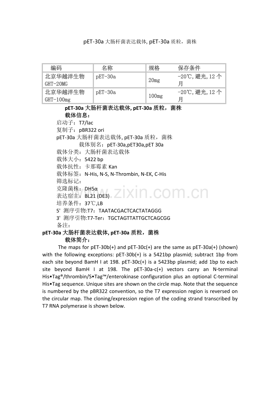 pET-30a大肠杆菌表达载体-质粒-菌株.docx_第1页