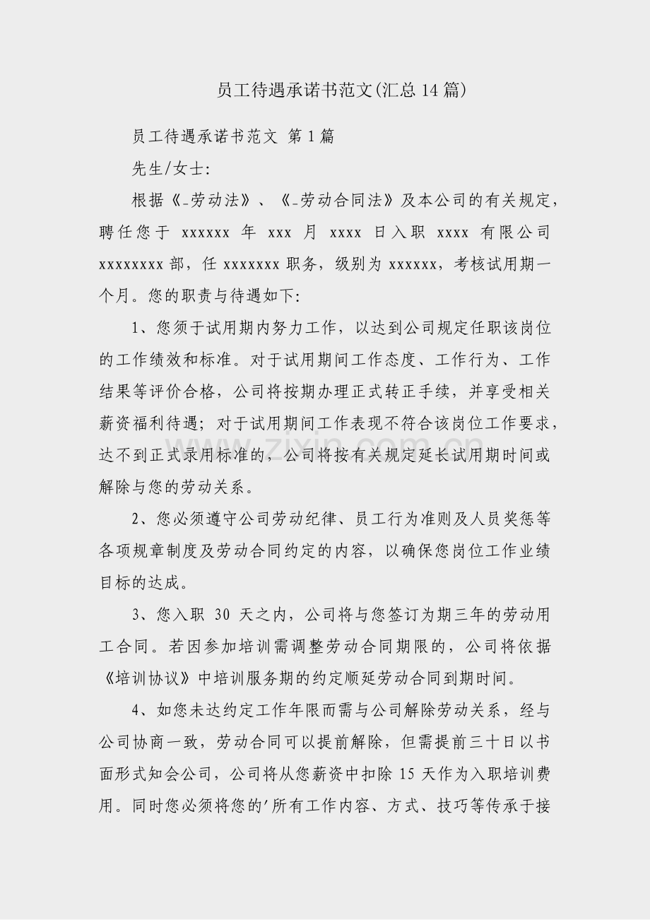 员工待遇承诺书范文(汇总14篇).pdf_第1页