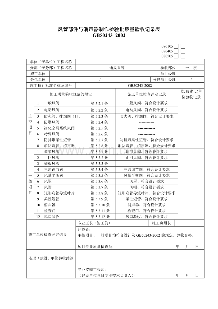 风管部件与消声器制作检验批质量验收记录表.doc_第1页