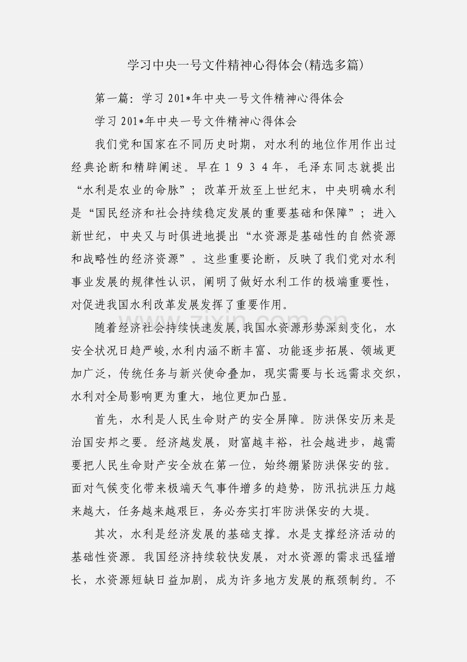 学习中央一号文件精神心得体会(多篇).docx_第1页