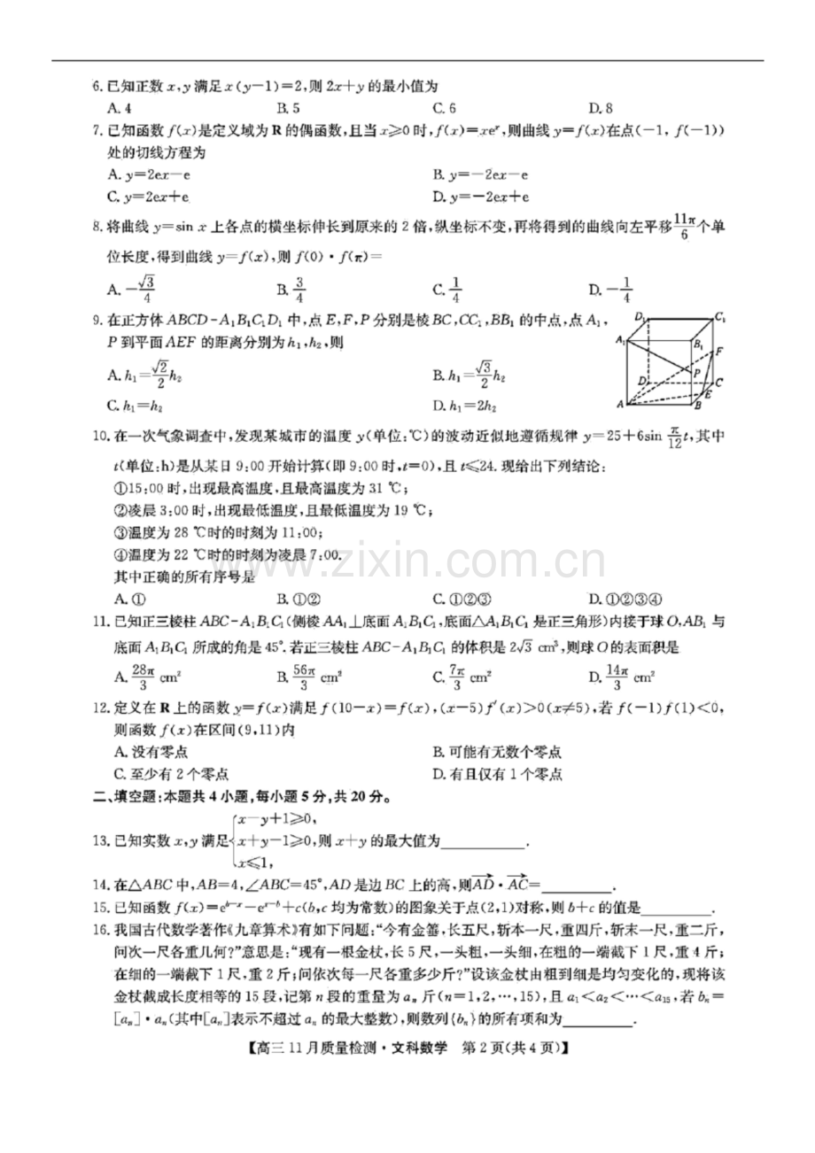 九师联盟2021届高三上学期11月质量检测文科数学试题(含答案解析).docx_第2页