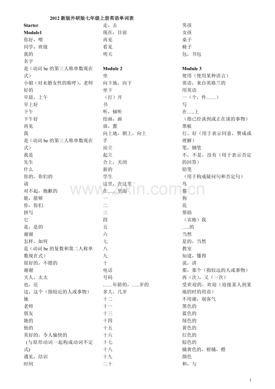 新版-外研版-七年级上册-英语单词表-仅中文.doc_第1页