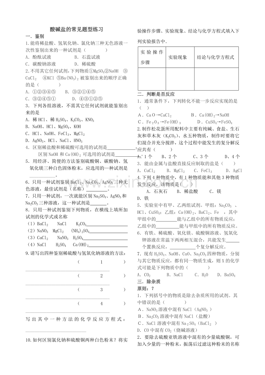 酸碱盐的常见题型练习.doc_第1页