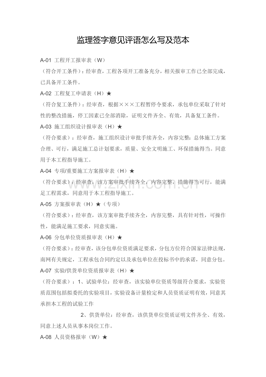 工程监理签字意见评语怎么写及范本格式.doc_第1页