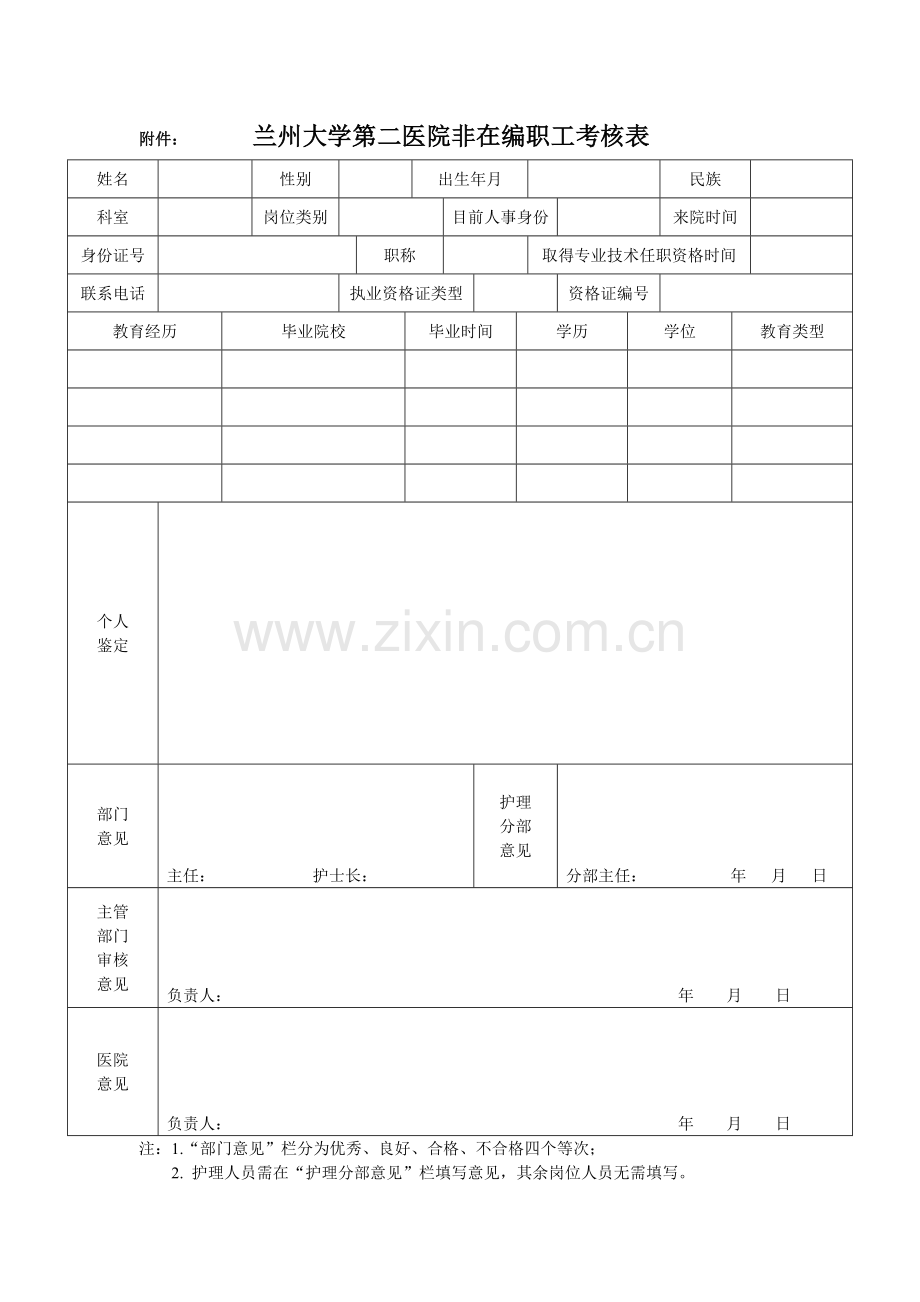 兰州大学第二医院非在编职工考核表.doc_第1页