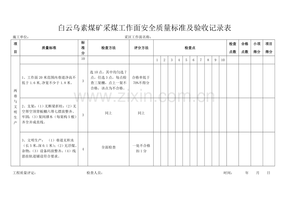 白云乌素采掘工作面安全质量标准及验收记录表.doc_第1页