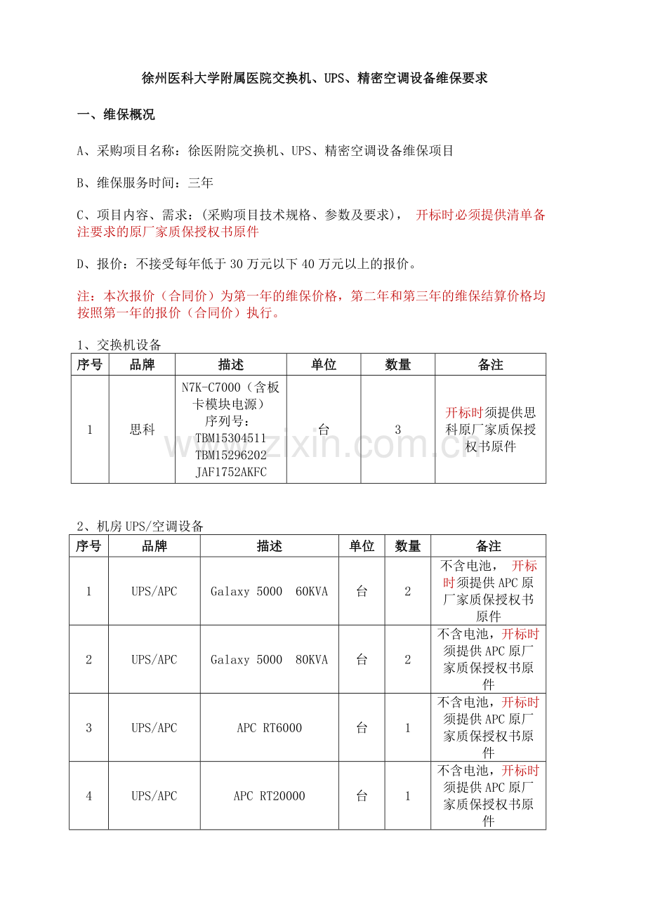 徐州医科大学附属医院交换机UPS精密空调设备维保要求.doc_第1页