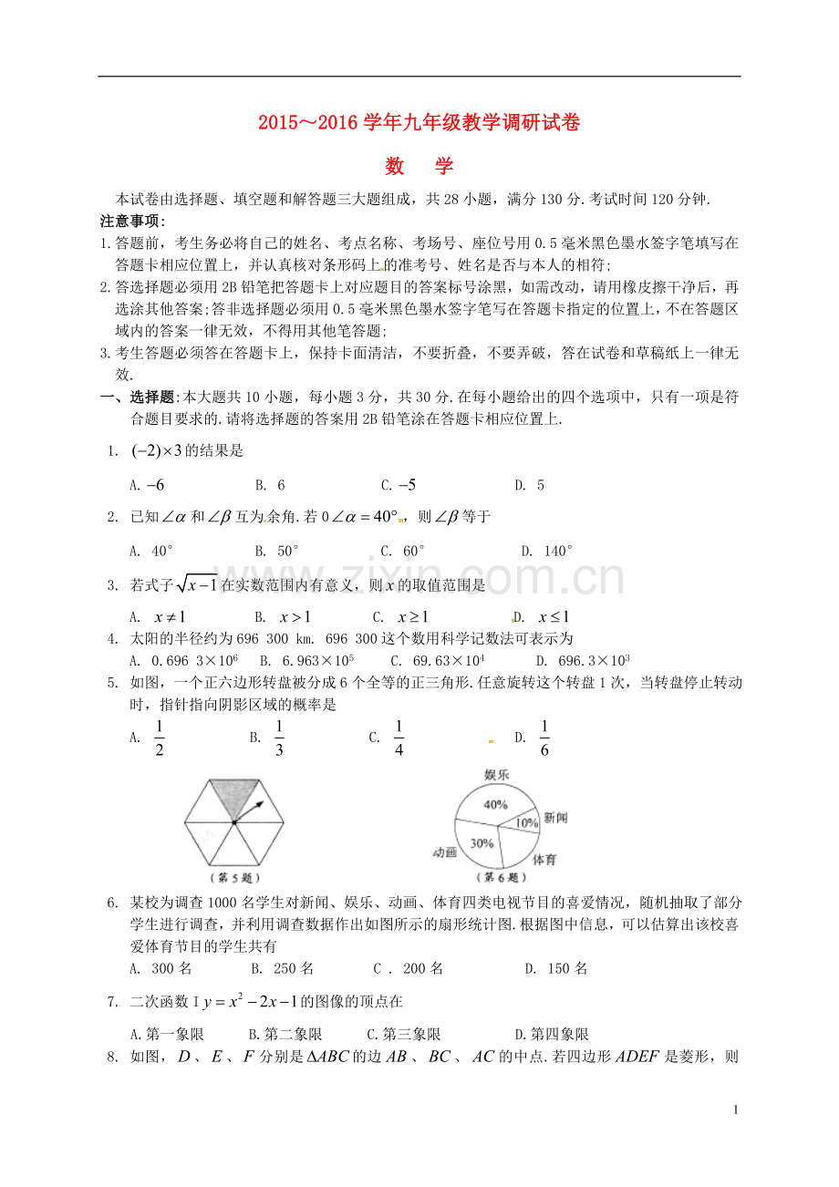 江苏省苏州市工业园区2016届九年级数学4月调研考试(一模)试题.doc_第1页