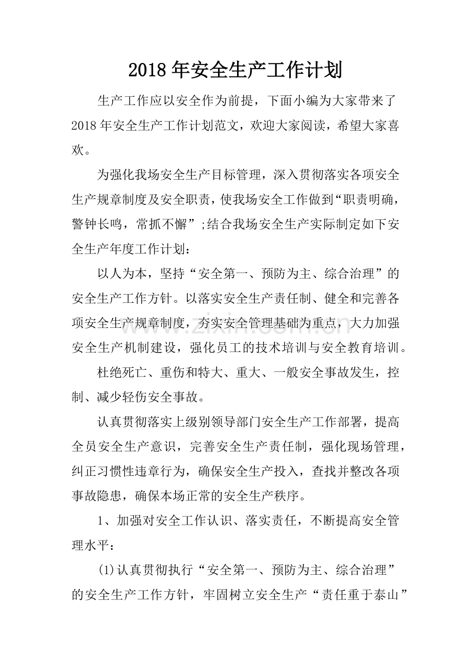 2018年安全生产工作计划.docx_第1页