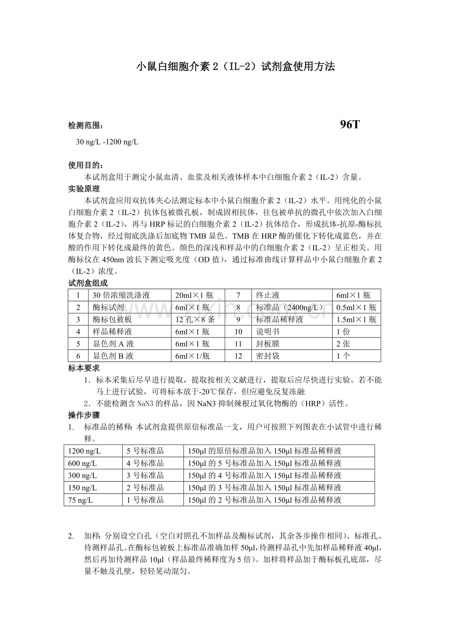 小鼠白细胞介素2IL-2试剂盒使用方法.doc_第1页