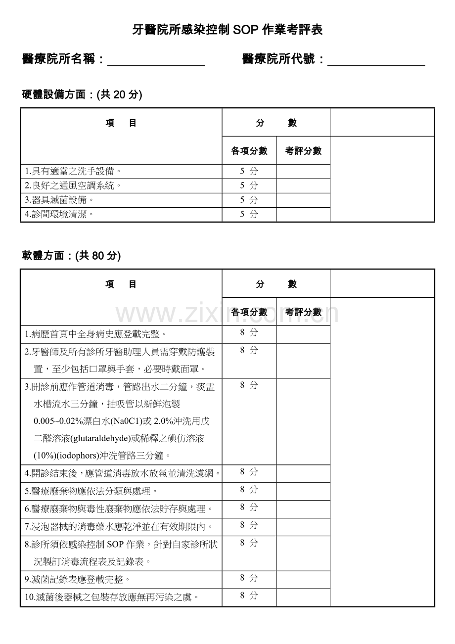 牙医院所感染控制SOP作业考评表(明细).doc_第1页