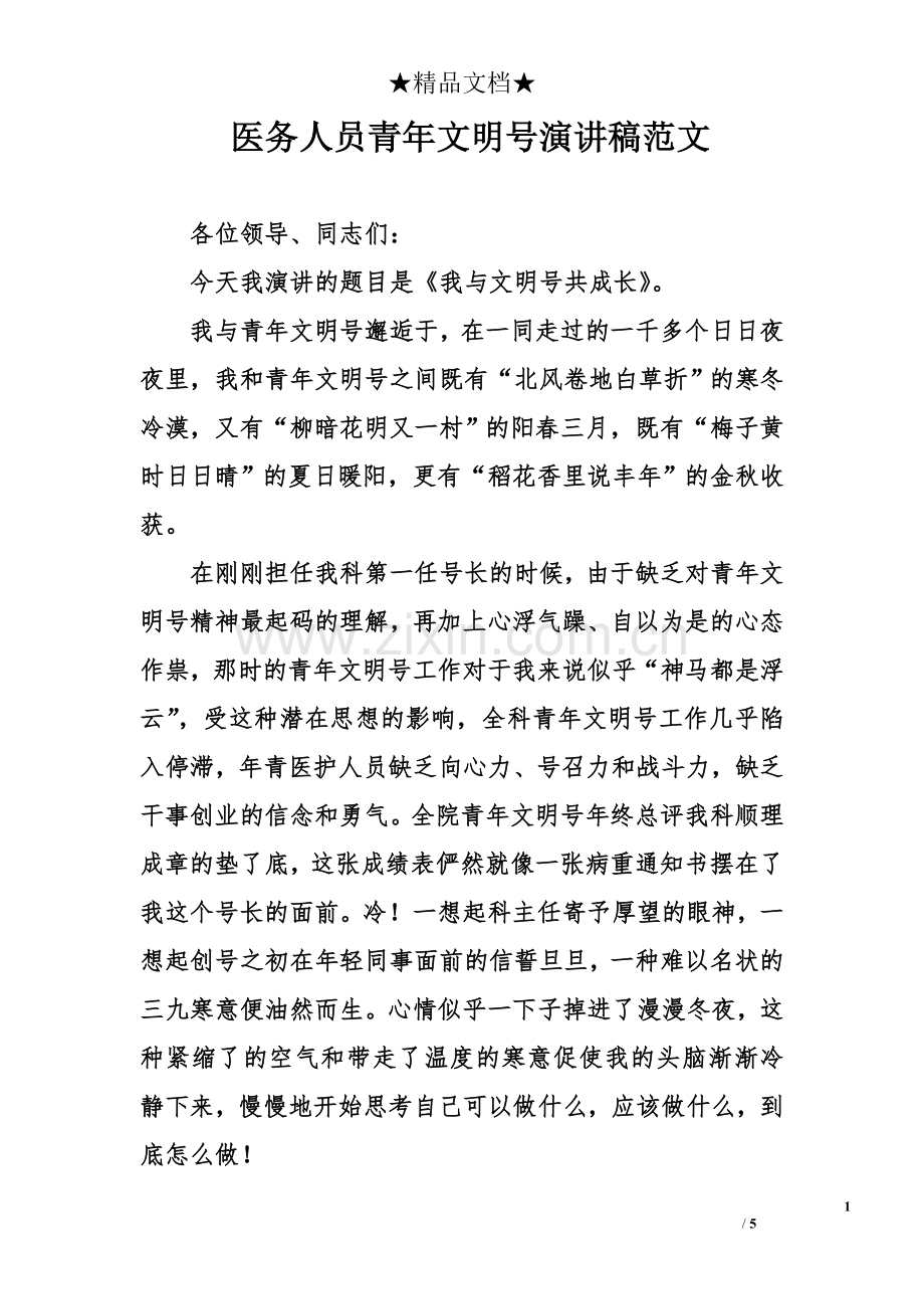 医务人员青年文明号演讲稿范文.doc_第1页