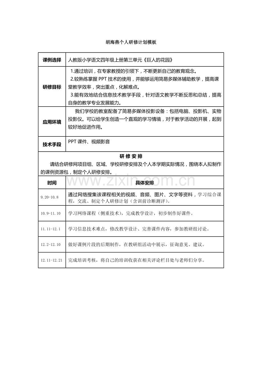 胡海燕个人研修计划.docx_第1页