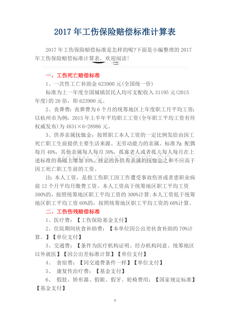 2017年工伤保险赔偿标准计算表.doc_第1页