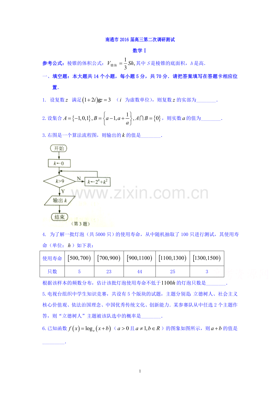 高三数学-南通市、泰州市、淮安市2016届高三下学期第二次调研考试数学试题.doc_第1页