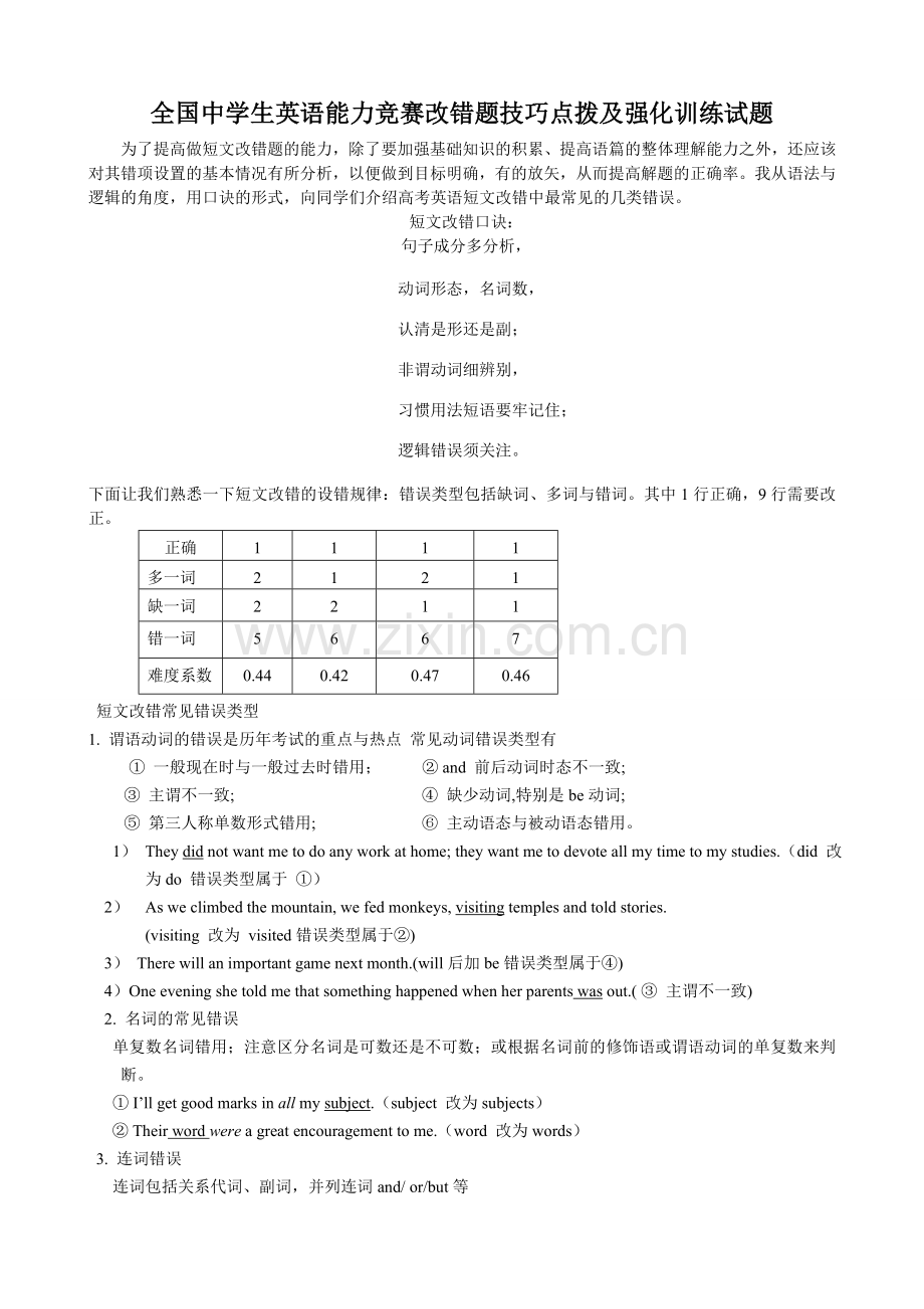 全国中学生英语能力竞赛短文改错题技巧点拨与强化训练试题.doc_第1页