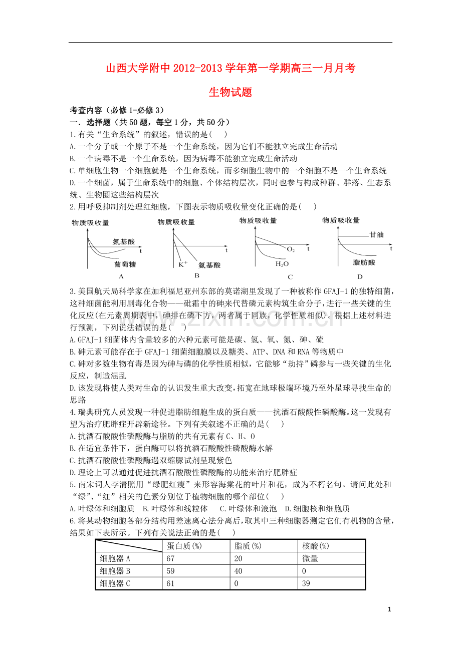 山西省山大附中高三生物1月月考试题新人教版.doc_第1页