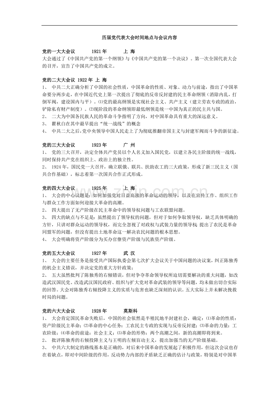历届党代表大会时间地点及会议内容.doc_第1页
