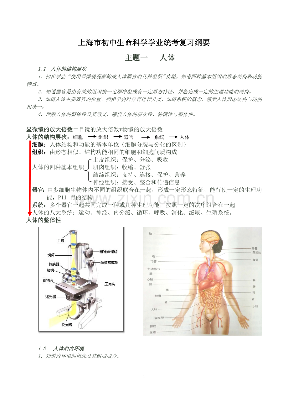 2017上海初中生命科学考试学业考试复习纲要.doc_第1页