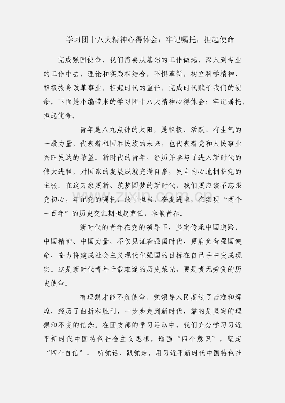 学习团十八大精神心得体会：牢记嘱托担起使命.docx_第1页