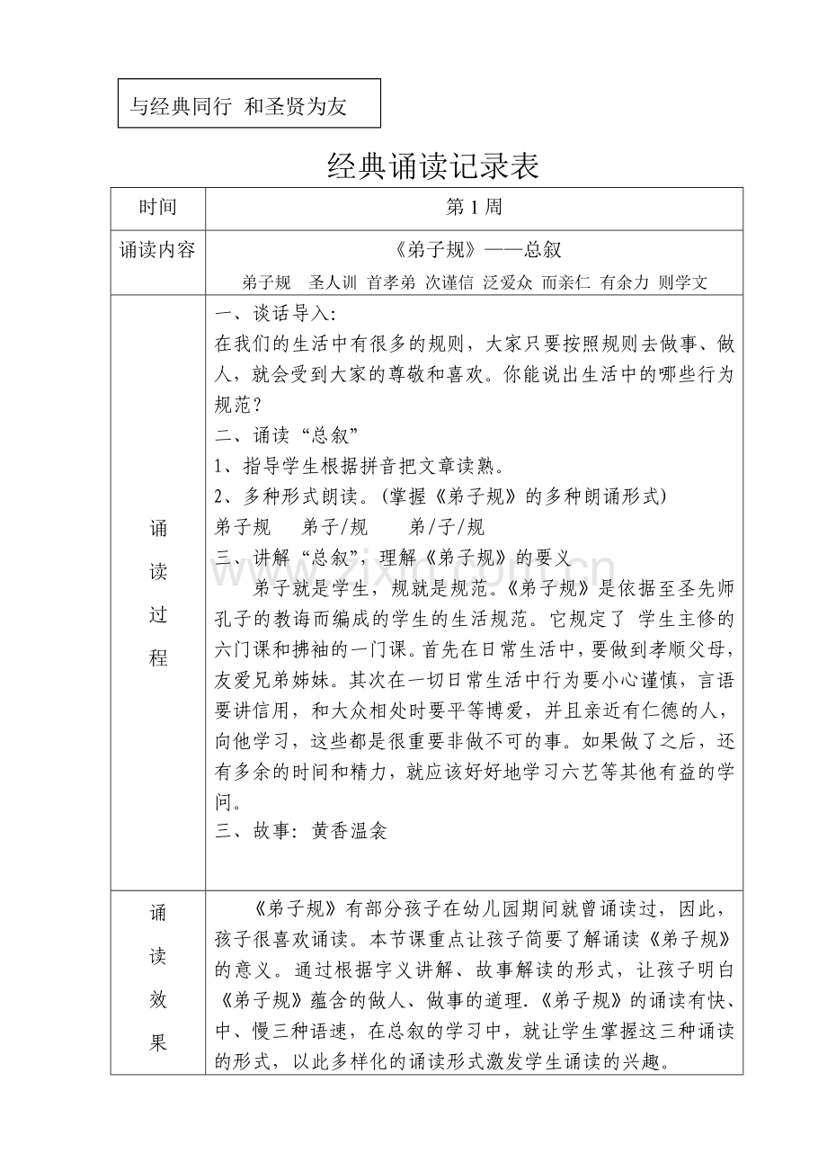 一年级《弟子规》诵读记录表.doc_第1页