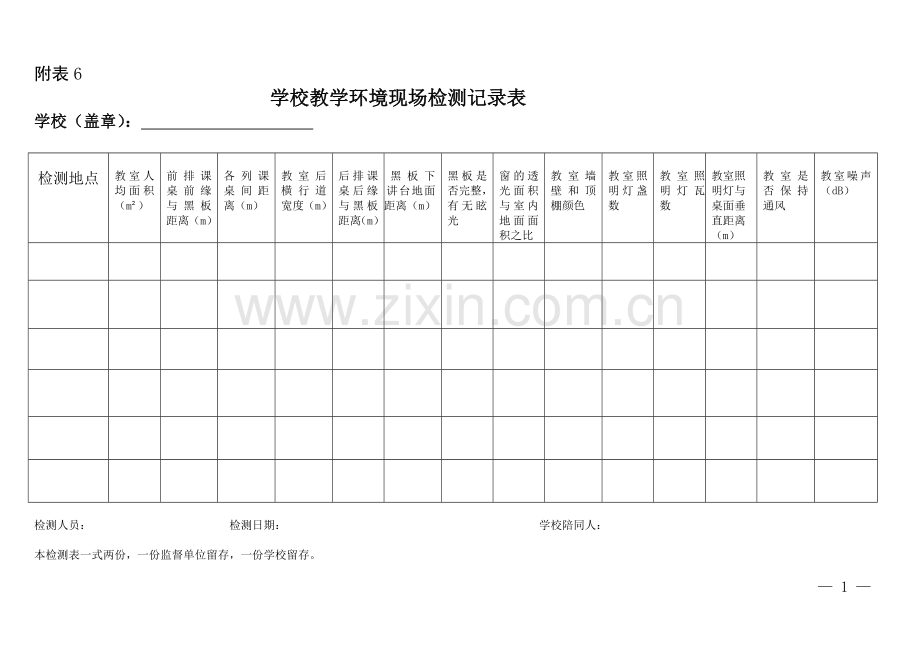2017年学校教学环境现场检测记录表.doc_第1页