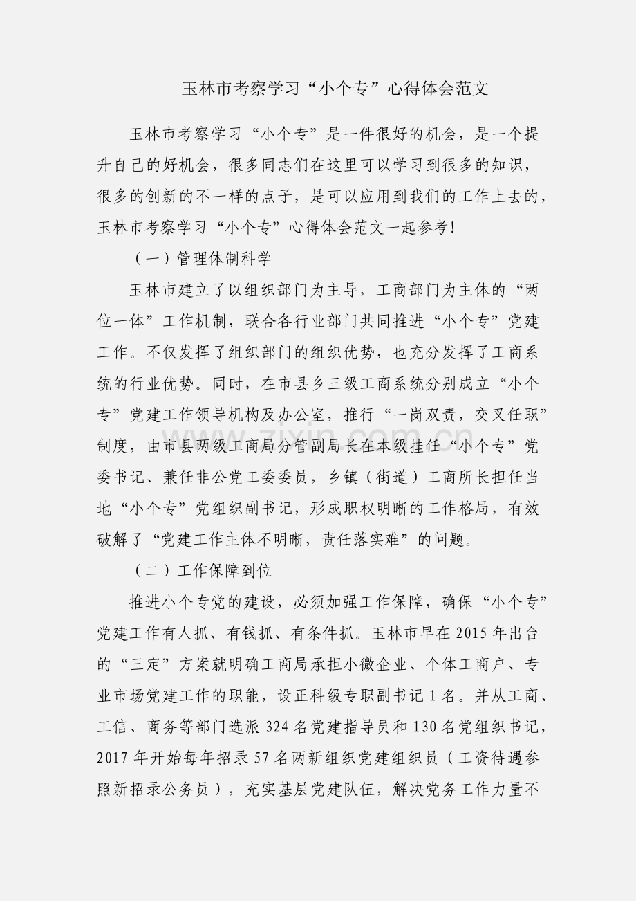 玉林市考察学习“小个专”心得体会范文.docx_第1页