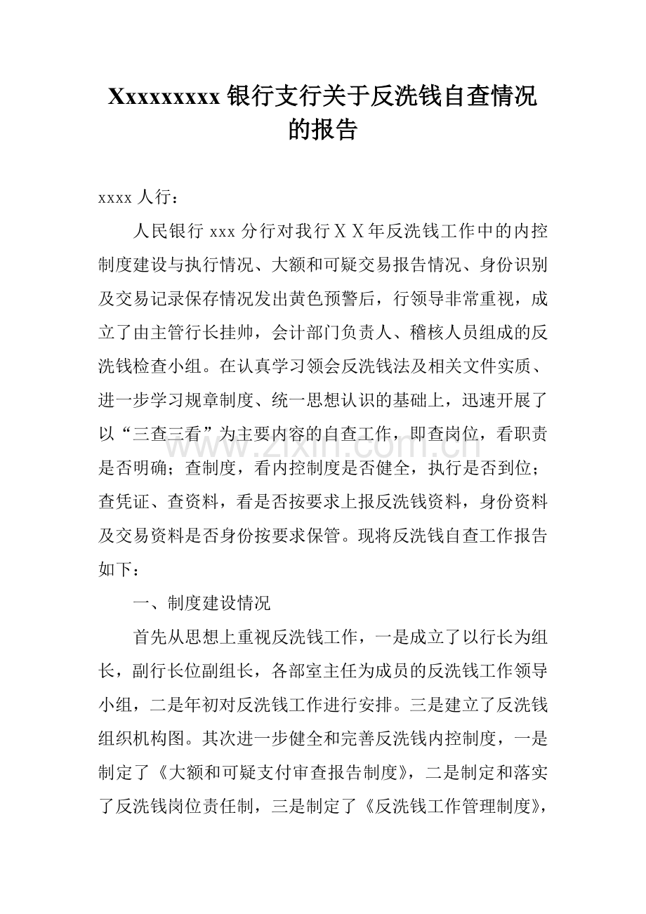 银行支行关于反洗钱自查情况的报告.doc_第1页