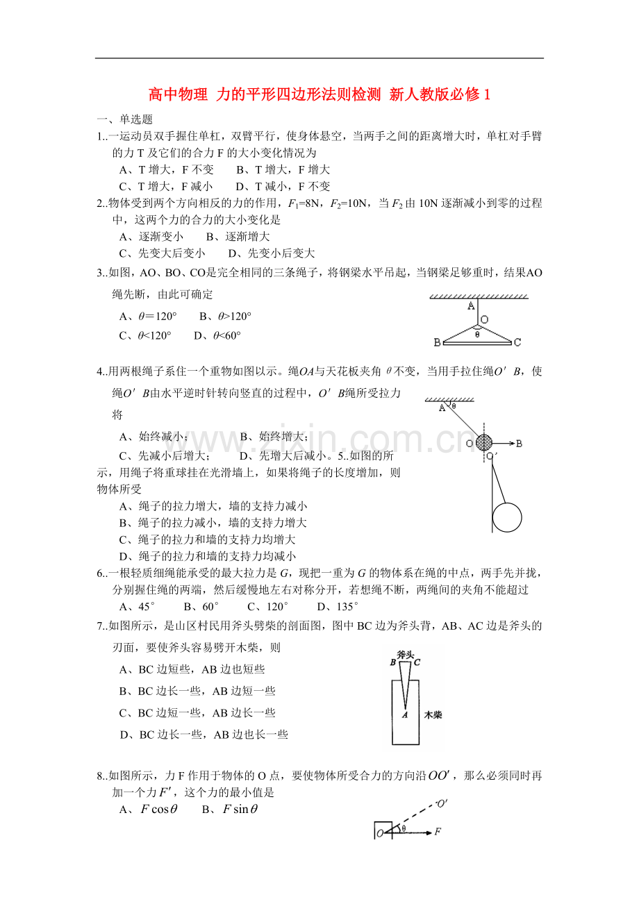 高中物理-力的平形四边形法则检测-新人教版必修1.doc_第1页