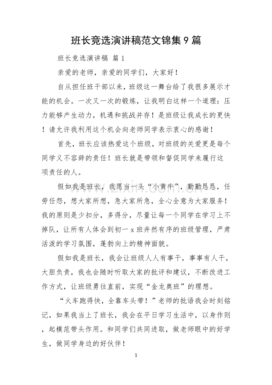 班长竞选演讲稿范文锦集9篇.docx_第1页